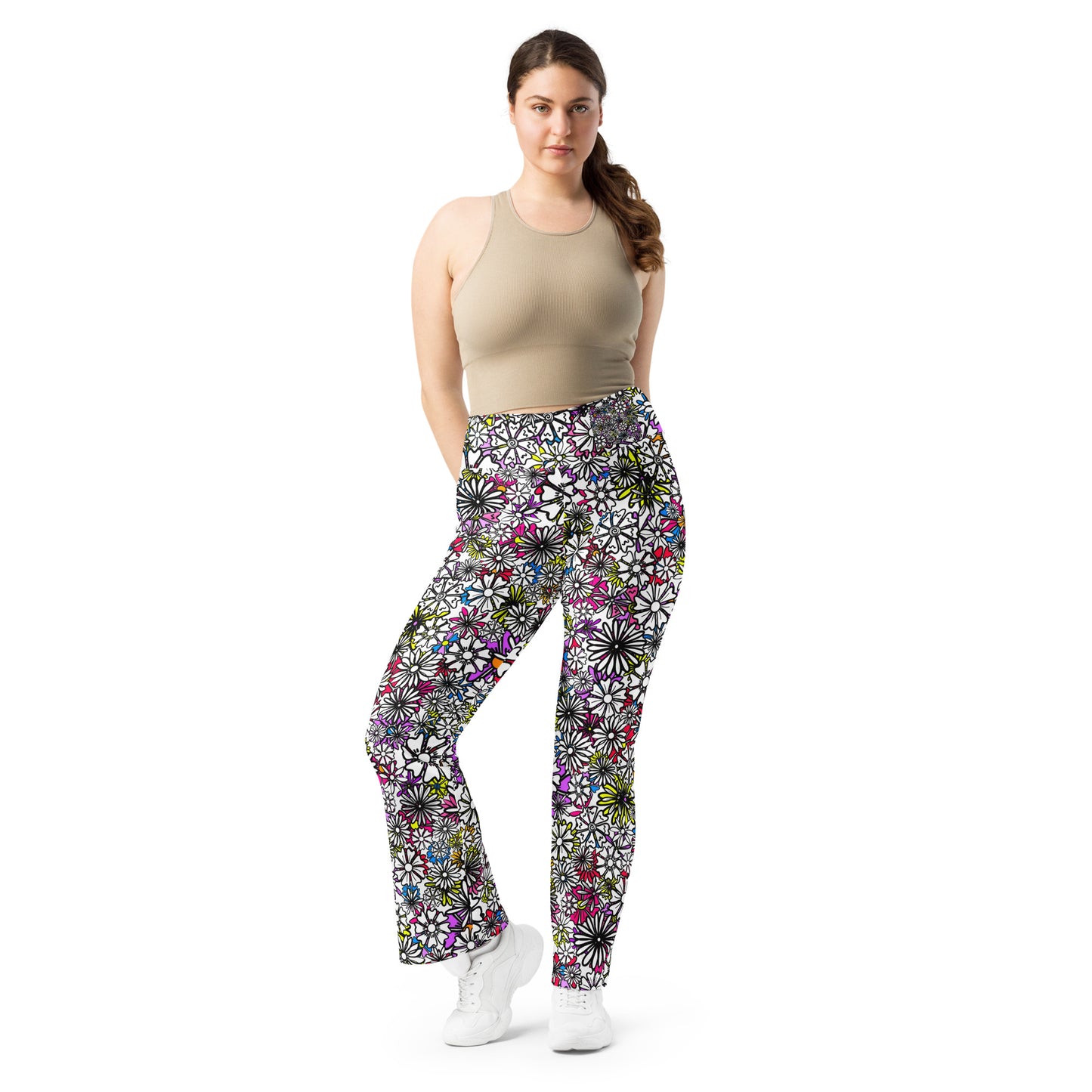 Forbidden Flower {WHITE} Jiggle Flare Leggings w Pocket, Moisture Wicking [Sizes 2XS-6XL] {FREE SHIPPING}