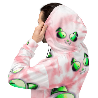 Skelecat (PINK TIEDYE) | All-Over Print Fleece Bunny Hug Hoodie Totes Chill Loose Fit Unisex [Sizes 2XS-6X] [FREE SHIPPING]