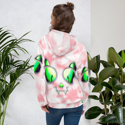 Skelecat (PINK TIEDYE) | All-Over Print Fleece Bunny Hug Hoodie Totes Chill Loose Fit Unisex [Sizes 2XS-6X] [FREE SHIPPING]