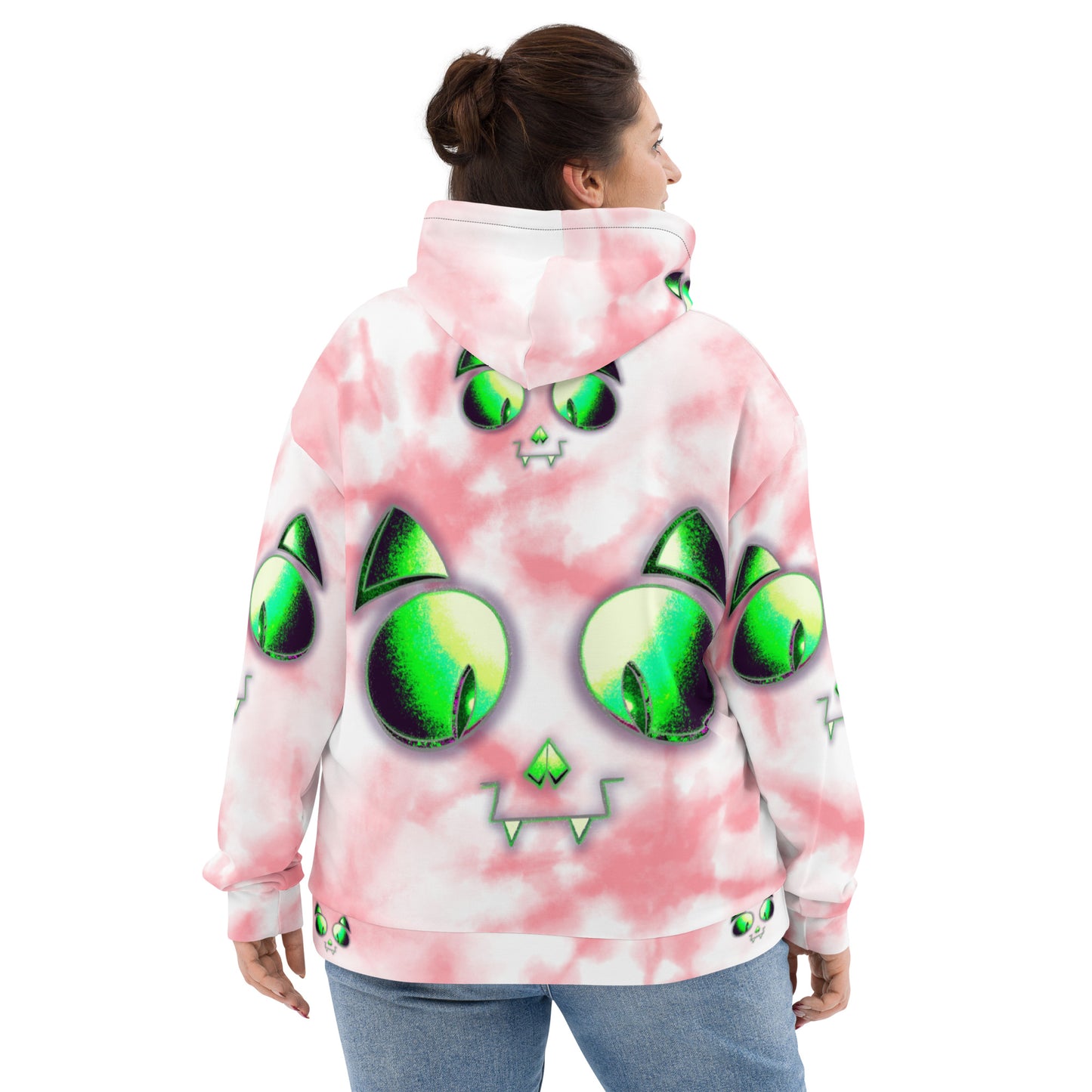 Skelecat (PINK TIEDYE) | All-Over Print Fleece Bunny Hug Hoodie Totes Chill Loose Fit Unisex [Sizes 2XS-6X] [FREE SHIPPING]