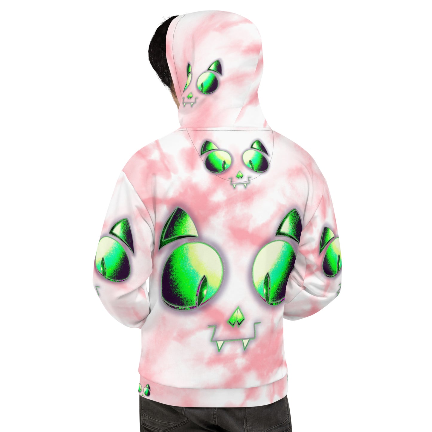 Skelecat (PINK TIEDYE) | All-Over Print Fleece Bunny Hug Hoodie Totes Chill Loose Fit Unisex [Sizes 2XS-6X] [FREE SHIPPING]