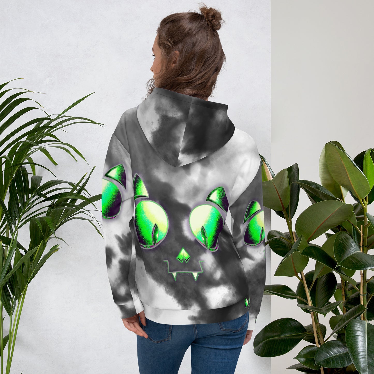 Skelecat (MULTI TIEDYE) | All-Over Print Fleece Bunny Hug Hoodie Totes Chill Loose Fit Unisex [Sizes 2XS-6X] [FREE SHIPPING]