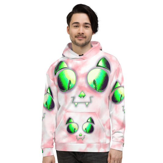 Skelecat (PINK TIEDYE) | All-Over Print Fleece Bunny Hug Hoodie Totes Chill Loose Fit Unisex [Sizes 2XS-6X] [FREE SHIPPING]