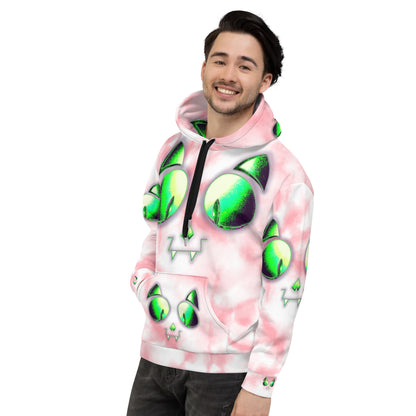 Skelecat (PINK TIEDYE) | All-Over Print Fleece Bunny Hug Hoodie Totes Chill Loose Fit Unisex [Sizes 2XS-6X] [FREE SHIPPING]