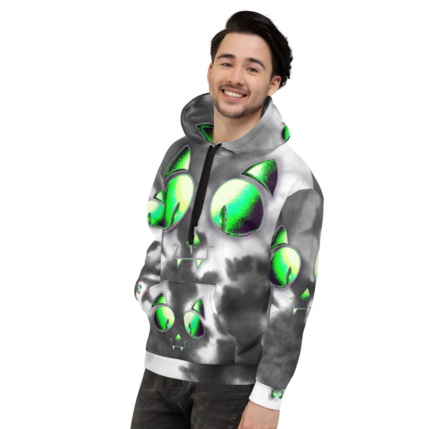 Skelecat (MULTI TIEDYE) | All-Over Print Fleece Bunny Hug Hoodie Totes Chill Loose Fit Unisex [Sizes 2XS-6X] [FREE SHIPPING]