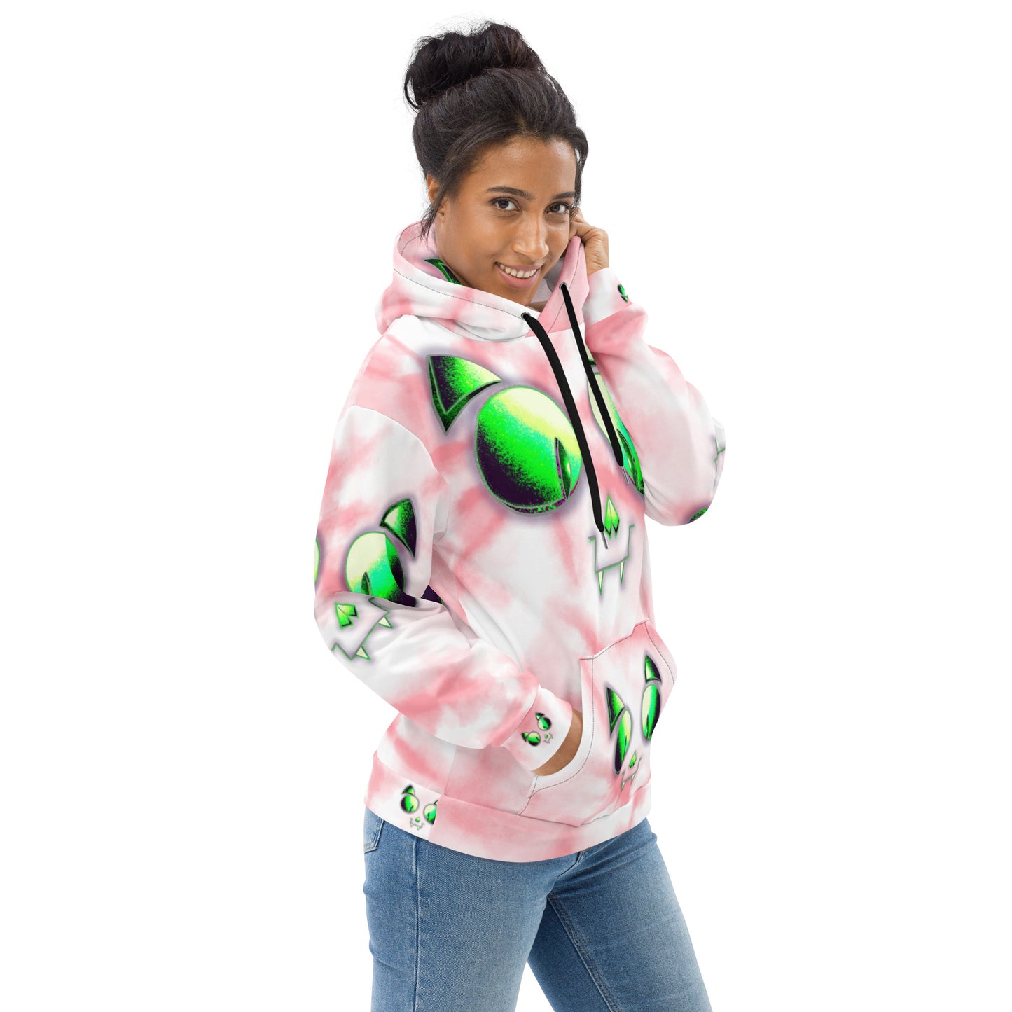 Skelecat (PINK TIEDYE) | All-Over Print Fleece Bunny Hug Hoodie Totes Chill Loose Fit Unisex [Sizes 2XS-6X] [FREE SHIPPING]