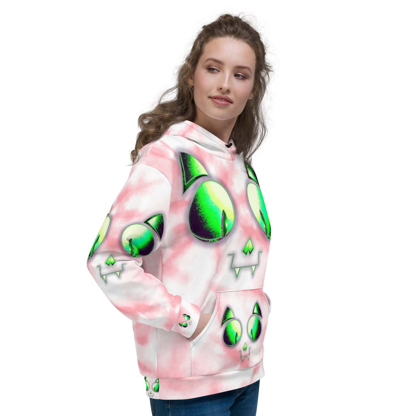 Skelecat (PINK TIEDYE) | All-Over Print Fleece Bunny Hug Hoodie Totes Chill Loose Fit Unisex [Sizes 2XS-6X] [FREE SHIPPING]