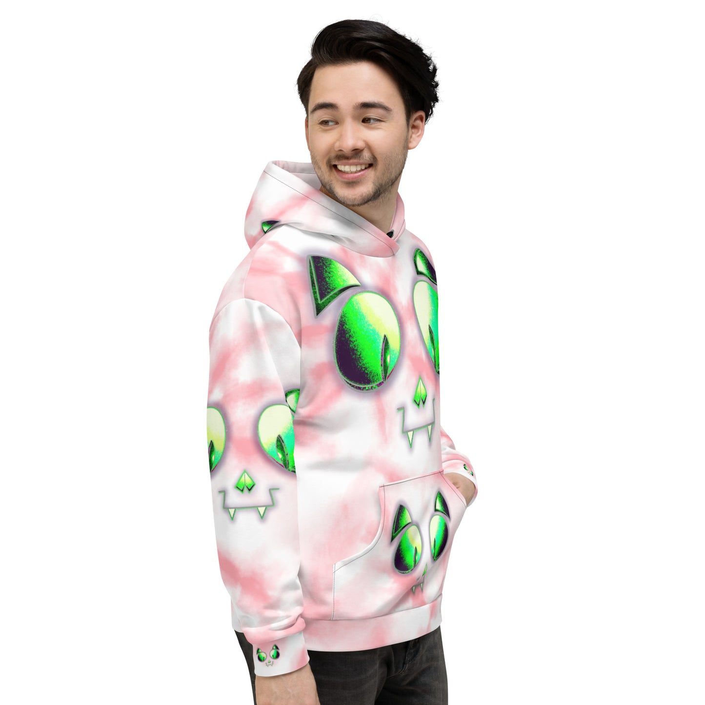 Skelecat (PINK TIEDYE) | All-Over Print Fleece Bunny Hug Hoodie Totes Chill Loose Fit Unisex [Sizes 2XS-6X] [FREE SHIPPING]