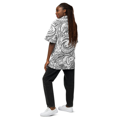 Psychadelia {WHITE} | All-Over Print Extra Pimpin' Loose Fit Unisex Button Up Shirt [Sizes 2XS-6X] - Moisture Wicking [FREE SHIPPING]