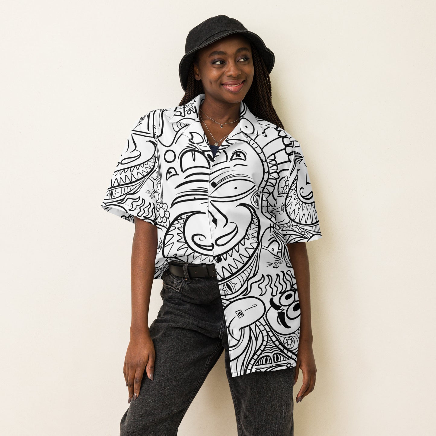 Psychadelia {WHITE} | All-Over Print Extra Pimpin' Loose Fit Unisex Button Up Shirt [Sizes 2XS-6X] - Moisture Wicking [FREE SHIPPING]