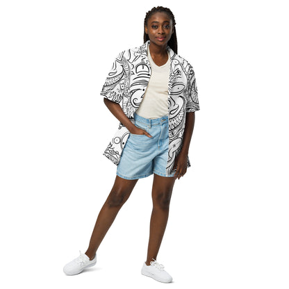 Psychadelia {WHITE} | All-Over Print Extra Pimpin' Loose Fit Unisex Button Up Shirt [Sizes 2XS-6X] - Moisture Wicking [FREE SHIPPING]